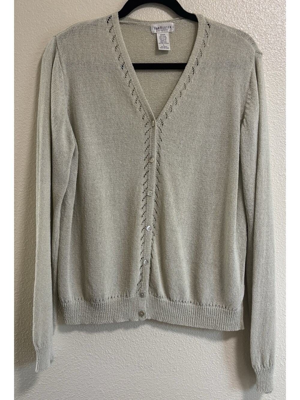 VTG Van Heusen Cardigan Women’s Size L Grannycore Ramie Cotton Knit Button Up